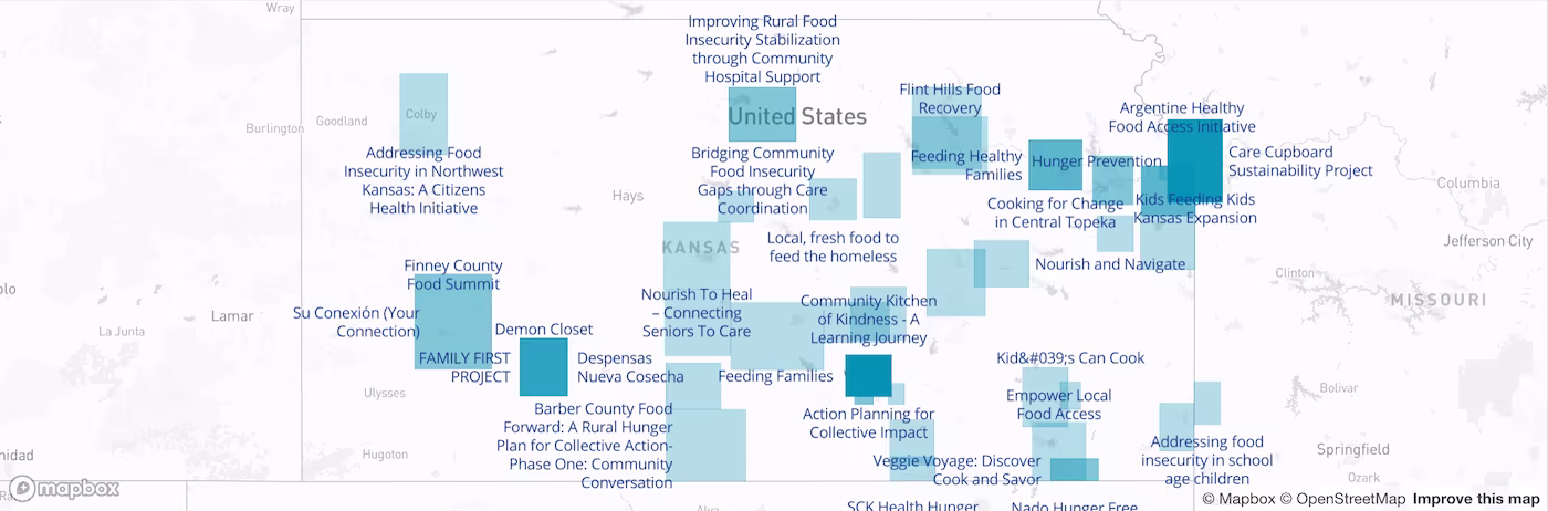 An interactive map locating community projects across Kansas